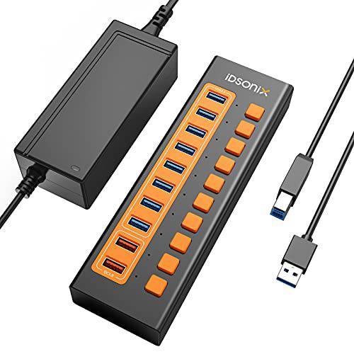 iDsonix USB 허브, 10-Port 15V/ 4A 전원 USB 3.0 허브 BC1.2 (5V2.4A) and QC3.0 (18w) 고속충전, 5Gbps 전송 스피드 개인 스위치 알루미늄 합금 USB-A 허브 노트북, PC, HDD, SSD and more