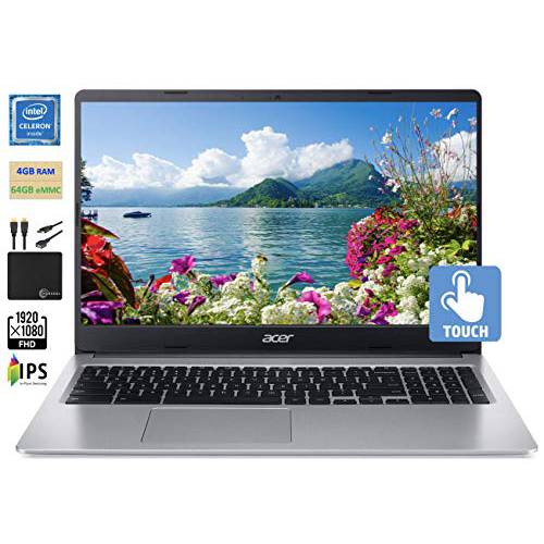 2021 플래그십 Acer 크롬북 15.6 FHD 1080p IPS 터치스크린 라이트 컴퓨터 노트북, Intel Celeron N4020, 4GB 램, 64GB eMMC, HD 웹캠, 와이파이, 12+ 시간 배터리, 크롬 OS, w/ Marxsol 케이블
