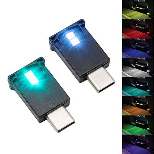 미니 USB 타입 C LED RGB 라이트 밝기 조절가능 8 컬러 변환가능 자동차, 노트북, 키보드. 분위기 스마트 Type-C 나이트 램프 가정용 장식 (2 아이템 패키지)