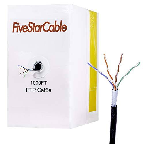 FiveStarCable 1000Ft Cat5e FTP 24AWG 아웃도어 보호처리된 방수 다이렉트 Burial Rated 350MHz 벌크, 대용량 이더넷 랜 케이블 블랙 (1000Ft, Cat5e(FTP))