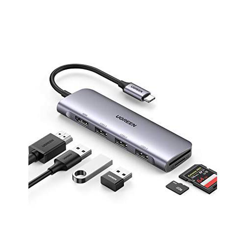 UGREEN USB C 허브 6 in 1 동글 USB-C to HDMI 멀티포트 어댑터 4K HDMI 출력 3 USB 3.0 포트 SD/ TF 카드 리더, 리더기 호환가능한 맥북 프로 XPS More 타입 C 디바이스