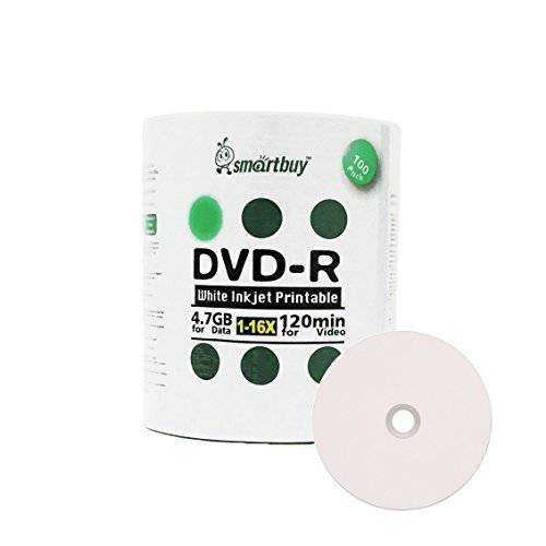 스마트 Buy 100 팩 DVD-R 4.7gb 16x 화이트 인쇄가능 잉크젯 블랭크 미디어 LP레코드 디스크, 100 디스크 100pk