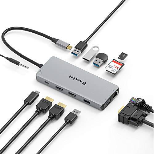 USB C 탈부착 스테이션, WAVLINK 12 in 1 멀티포트 USB C 어댑터 윈도우 and Mac（2 HDMI, and VGA, 기가비트 이더넷, 오디오, 2 USB 3.0 포트, 2 USB 2.0 포트, 87W PD 충전, SD/ 마이크로 SD 카드 포트）