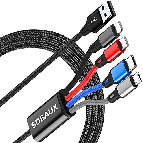 【2Pack/ 4FT】SDBAUX 멀티 USB 충전 케이블, 4 in 1 충전기 케이블 커넥터 듀얼 폰/ 타입 C/ 마이크로 USB 범용 포트 어댑터, 호환가능한  휴대폰 태블릿 and More