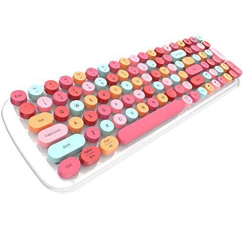 MOFii 블루투스 키보드 Colorful 레트로 라운드 키 귀여운 무선 타자기 키보드 호환가능한 PC 컴퓨터 노트북 태블릿, 태블릿PC 아이패드 MAC(White 립스틱)