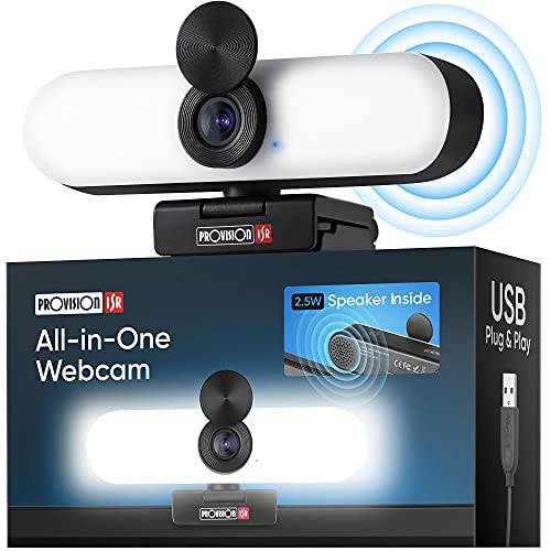 Provision ISR All-in-One 웹 카메라 |풀 HD 웹캠 마이크,마이크로폰,  스피커& LED 라이트 | 크리스탈 클리어&  샤프 1080p 웹캠 비디오 스트리밍, 회의, etc. | No 설치 USB 스트리밍 카메라