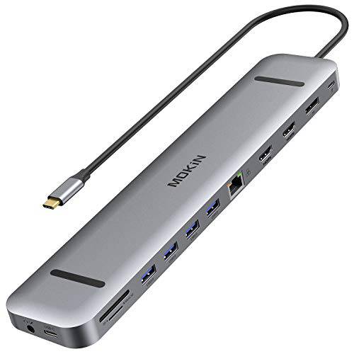 USB C 탈부착 스테이션, 13-in-1 USB C 멀티포트 어댑터 USB C 동글 4K 듀얼 HDMI+ DP 디스플레이+ 이더넷+ 4 USB,+ SD/ TF+ USB C PD+ 데이터 포트+ 오디오/ 마이크 Dell XPS 13/ 15/ 서피스 프로 7 고/ 맥북 프로/ 에어