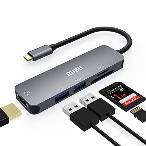 USB C 허브 HDMI 어댑터, RUBU 5 in 1 USB C to HDMI 4K 포트 SD/ TF 카드 리더, 리더기 USB 3.0 노트북 PC 애플 맥북 프로, 아이맥 프로 크롬북 XPS 윈도우 삼성