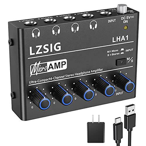 LZSIG 헤드폰 앰프 4 채널 메탈 스테레오 오디오 앰프, 미니 앰프 헤드폰 Splitter-6.35mm/ 1/ 4TRS 헤드폰 출력 and 6.35mm/ 1/ 4TRS 오디오 입력, 파워 Supply-LHA1
