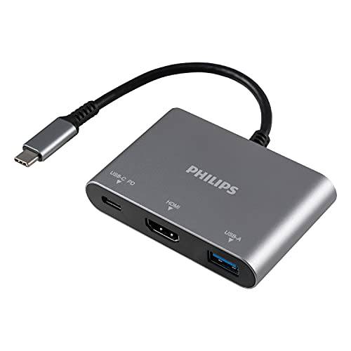 필립스 USB C 허브 파워 Pass-Through, 3-in-1 멀티포트 어댑터, 1 HDMI 4K@30Hz, 60W USB-C 파워 Delivery, 1 USB 3.0 포트 5Gbps, 맥북 에어, 프로, XPS, 노트북, DLK9220C/ 27