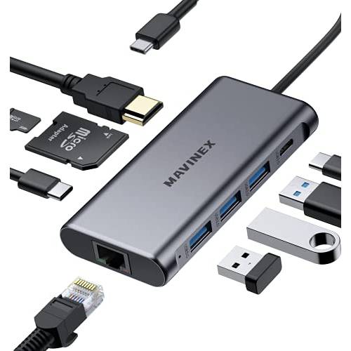 USB C 허브 9 in 1, MAVINEX USB C 어댑터 4K to HDMI, 100W 파워 Delivery, 5Gbps USB-C 데이터 포트, 3 USB 3.0 포트, 마이크로SD/ TF, 1Gbps 이더넷 타입 C 도크 맥북, Dell XPS and More 타입 C 디바이스