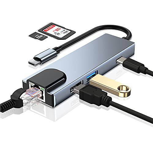 USB C 허브, 타입 C 멀티포트 어댑터, 6 in 1 이더넷 포트 USB C to HDMI 4K SD/ TF 카드 슬롯 USB 3.0 데이터 포트 호환가능한 맥북 프로 크롬북 XPS USB C 디바이스