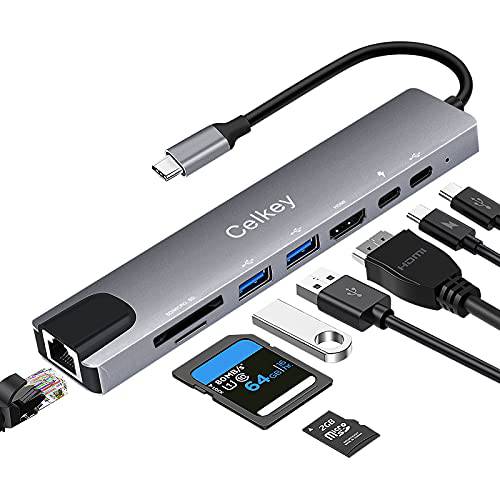 USB C 허브 Celkey 8 in 1 타입 c 어댑터 4K HDMI, 이더넷, 87W PD 충전, 2 USB 3.0 포트, SD/ 마이크로 SD 카드 리더, 리더기 휴대용 맥북 프로/ 에어, 크롬 북, 아이패드 프로, XPS and More 타입 C 디바이스…