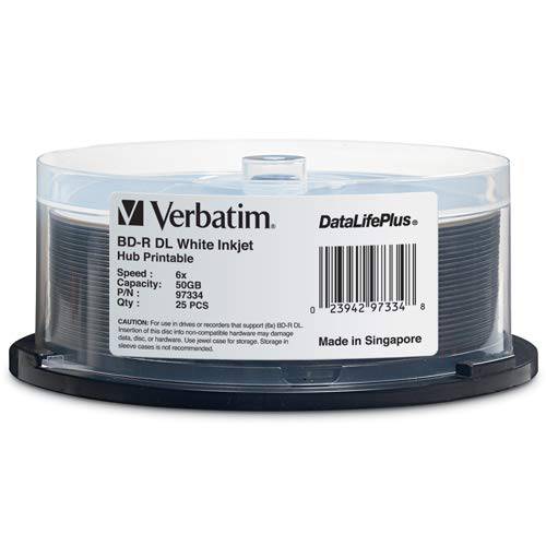 Verbatim BD-R DL 50GB 6X DataLifePlus 화이트 잉크젯 인쇄가능, 허브 인쇄가능 - 25pk Spindle