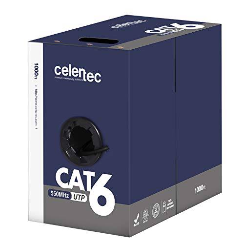 celertec CAT6 랜선, 랜 케이블, 1000ft, 23AWG 솔리드 베어 구리, 비차폐 꼬인 Pairs(UTP), 550MHz, ETL Listed& CMR 라이저 Rated, 실내, 벌크, 대용량 랜선, 랜 케이블, 풀 박스 -블랙