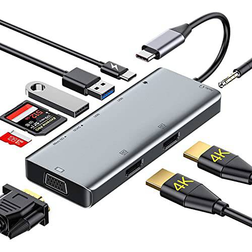 USB C 허브, 9 in 1 트리플 디스플레이 어댑터 허브 2 HDMI, USB-C, USB3.0/ 2.0, SD 카드 리더, 리더기, 마이크로 SD 카드 리더, 리더기, VGA, 3.5mm 오디오 잭 포트, 맥북 프로/ 에어, 아이맥, USB-C 노트북, and More
