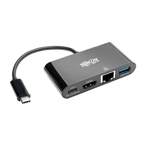 Tripp 라이트 USB C to HDMI 멀티포트 어댑터 컨버터, 변환기 탈부착 스테이션 4K@30Hz w/ USB-A 허브, 기가비트 이더넷 썬더볼트 3 USB 타입 C 블랙 (U444-06N-H4GUBC)