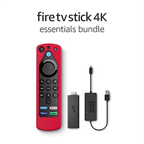파이어 TV 스틱 4K 에센셜 번들,묶음 리모컨 커버 (레드) and USB 파워 케이블