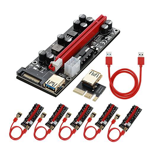 Joylifeboard PCIe 라이저 1x to 16x GPU 라이저 어댑터 카드 6 팩, 10 커패시터, LED 그래픽 연장& Ethereum ETH 마이닝 전원 |VER009S 프로| 60cm USB 3.0 케이블