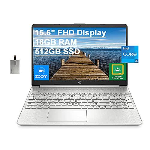 2021 HP 15.6 FHD 노트북 컴퓨터, 11th 세대 Intel 코어 i5-1135G7(Beats Intel i7-1065G7), 16GB 램, 512GB PCIe SSD, Intel 아이리스 X 그래픽, HD 웹캠, HDMI, 블루투스, Win 10, 실버, 32GB USB 카드