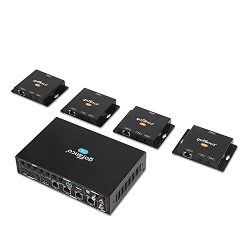 gofanco HDMI 2.0 2x4 분배기/ 확장기  up to 230ft 고양이 연장, 4K 60Hz 4:4:4, HDR, HDMI 2.0, HDCP 2.2, 듀얼 IR, PoC, EDID, 오토 Downscale, Loopout, Cascadable, 펌웨어 업그레이드가능 (HDExt24-HD20