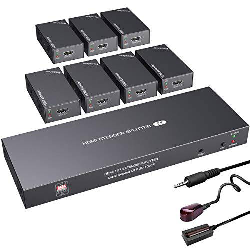 HDMI 확장기 분배기 IR 1x7 1080P Over 랜선, 랜 케이블 고양이 5E/ 6/ 7 Up to 50m (165ft) 지원 HDMI loopout EDID 복사 POC 기능 (1 in 7 Out)