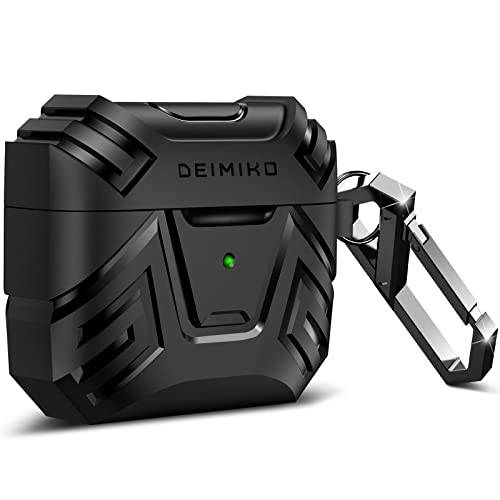 DEIMIKO 호환가능한 에어팟 3 케이스 커버, Full-Body 밀리터리 보호 케이스 키체인,키링,열쇠고리 에어팟 3rd 세대 2021 [전면 LED Visible], 블랙
