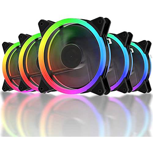 novonest RGB 케이스 팬, 120mm 무소음 컴퓨터 쿨링 PC 팬, 듀얼 Halo 조절가능 컬러 5-Pack 블랙 RGB 팬, 음소거 and 라지 에어 볼륨 컨트롤러, RGB123-5