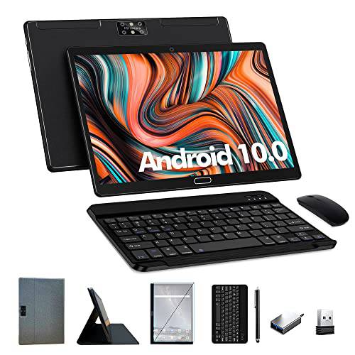 태블릿, 태블릿PC 10.1 인치 안드로이드 10 태블릿 4G 램, 64GB ROM, Octa-Core 칩, Keyboard，Tablet 케이스, 13MP 카메라, 블루투스, 와이파이, GPS, 듀얼 Sim 카드 슬롯, HD 터치스크린, (블랙)…