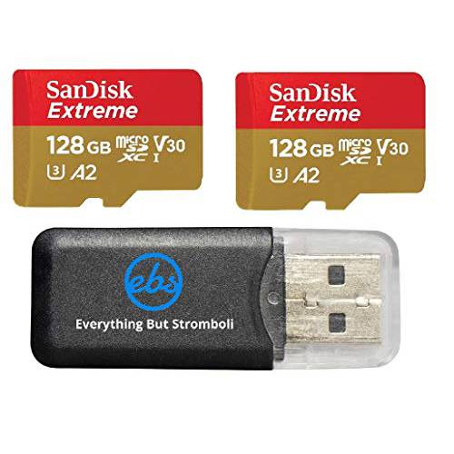 SanDisk 익스트림 마이크로SD 카드 128GB 메모리 카드 (2 팩) DJI 에어 2S 드론 (SDSQXA1-128G-GN6MN) 4K 비디오 스피드 V30 UHS-I A2 160MB/ s SDXC 번들,묶음 (1) Everything But 스트롬볼리 마이크로 카드 리더, 리더기