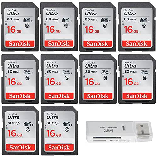 SanDisk 16GB (10 팩) 울트라 Class 10 SDHC 80MB/ s UHS-I 메모리 카메라 카드 SDSDUNC-016G-GN6IN 번들,묶음 (1) GoRAM USB 3.0 카드 리더, 리더기