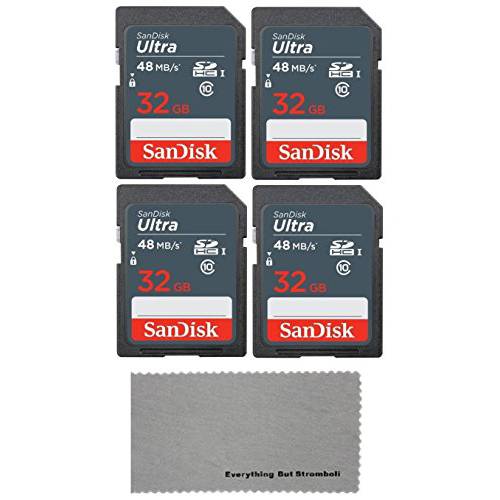 SanDisk 32GB 울트라 (4 팩) UHS-I Class 10 SDHC 메모리 카드, 리테일 포장, 패키징 -  (1) Everything But 스트롬볼리 (TM) 극세사 천