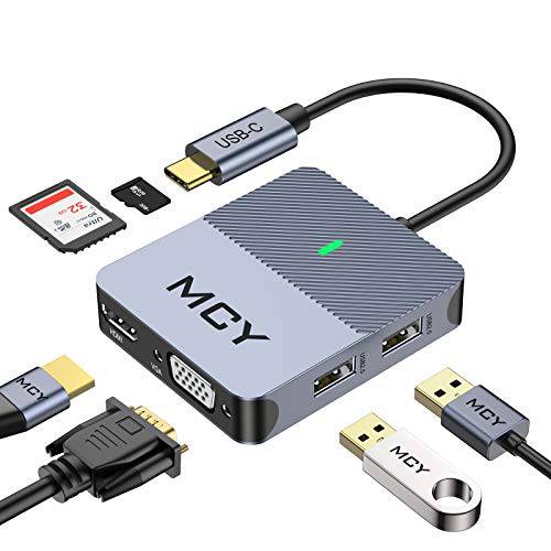USB C 허브, MCY USB C to HDMI VGA Multiptort 어댑터, 6 in 1 휴대용 타입 C 동글 썬더볼트 3 to HDMI 4K, VGA, 2 USB 2.0 포트, SD/ TF 카드 리더, 리더기 호환가능한 맥북, Dell and More