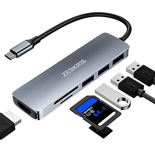 USB C 허브, ZESKRIS 맥북 USB 어댑터, 6 in 1 USB C 허브 멀티포트 어댑터 3 USB3.0 SD/ 마이크로 SD 카드 리더, 리더기 4K HDMI 맥북 에어/ 프로, 닌텐도 and Other 타입 C 디바이스