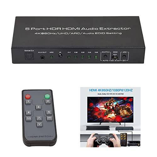 Forfire 4K@60Hz HDMI 분배기 5 in 1 Out, HDMI 스위치 리모컨 지원 HDMI 2.0 HDCP 2.2 HDR EDID 파이어 스틱 4K HDTV PS4/ 5 게임 콘솔 PC Sky 박스 (블랙)