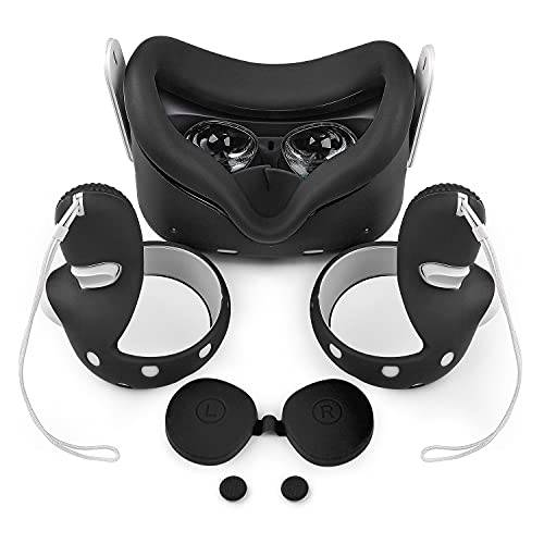 VR 실리콘 악세사리 오큘러스 퀘스트 2, 쉘 전면 페이스 보호 커버, 렌즈 보호, Anti-Throw/ 누출 컨트롤러 그립, 실리콘 페이스 커버 Sweat 가드 4PCS (블랙)