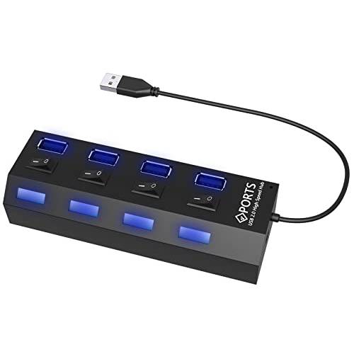 MIUOLV 4-Port USB 2.0 허브 LED 라이트 파워 스위치, USB 분배기 노트북, PS4 키보드 and 마우스 어댑터 Dell, ASUS, HP, 맥북 에어, 서피스 프로, Acer, 엑스박스 (블랙)