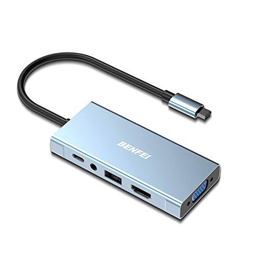 USB C 허브, Benfei 5-in-1 USB Type-C 허브 4K HDMI VGA, USB 3.0, 3.5mm 오디오 and 60W PD, 호환가능한 맥북 프로 2019/ 2018/ 2017, 서피스 북 2, Dell XPS 13/ 15, Pixelbook and More