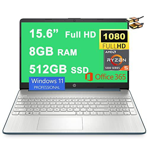 HP 플래그십 노트북 15 비지니스 컴퓨터 15.6” 대각선 FHD 디스플레이 AMD 6-Core 라이젠 5 5500U (Beats i7-10710U) 8GB 램 512GB SSD AMD 라데온 그래픽 USB-C Office365 Win11Pro Spruce 블루+ HDMI 케이블