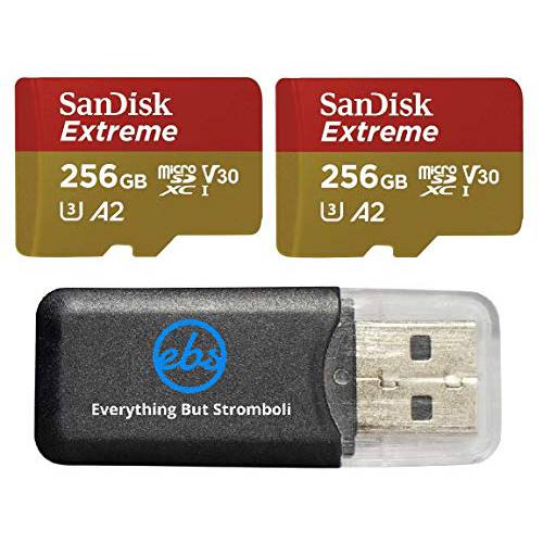 SanDisk 익스트림 V30 A2 (벌크, 대용량 2 팩) 256GB 마이크로 SD 카드 DJI FPV 드론 (SDSQXA1-256G-GN6MN) UHS-I U3 Class 10 4K SDXC 번들,묶음 (1) Everything But 스트롬볼리 MicroSDXC 메모리 카드 리더, 리더기