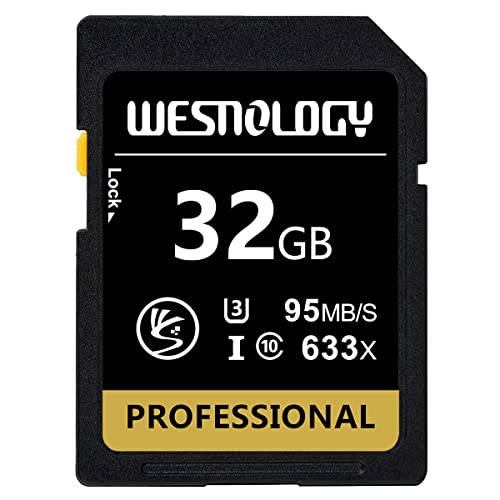 32GB 메모리 카드, WESNOLOGY 프로페셔널 633 x Class 10 카드 U3 메모리 카드 호환가능한 컴퓨터 카메라 and 캠코더, 카메라 카드 메모리 카드 Up to 95MB/ S, Yellow/ 블랙