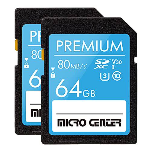 프리미엄 64GB SDXC 카드 2 팩 by 마이크로 센터, Class 10 SD 플래시 메모리 카드 UHS-I C10 U3 V30 4K UHD 비디오 R/ W 스피드 up to 80/ 35 MB/ s 카메라 컴퓨터 트레일 캠 (64GB x 2)