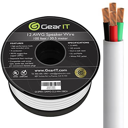 GearIT 12/ 4 스피커 와이어 (100 Feet) 12AWG 게이지 - in 벽면 오디오 스피커 와이어 케이블/ CL2 Rated/ 4 Conductors - OFC Oxygen-Free 구리, 화이트 100ft