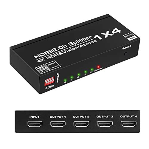 4K@60Hz HDMI 분배기 1 in 4 Out, NEWCARE HDMI 분배기 1x4 지원 HDMI2.0 HDCP2.2 HDR 3D Dollby Atmos EDID 스위치 엑스박스, PS3/ PS4, 파이어 스틱, 게임 콘솔, PC HDTV 프로젝터
