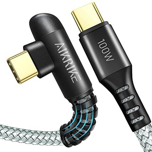 USB C to USB C 케이블 AIKRIKE 100W 5A 고속충전 오른쪽 앵글, 2-Pack [6.6ft+ 6.6ft] 골드 듀러블 나일론 Braided 케이블 호환가능한 삼성 갤럭시 S21/ S21+/ S20+ 울트라, 맥북 에어/ 프로, 아이패드 에어 2020