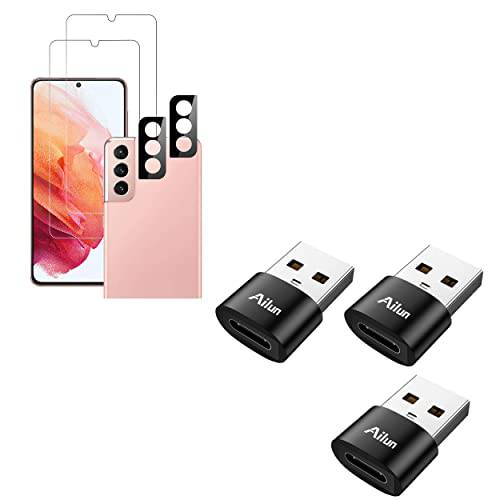 Ailun 글래스 화면보호필름, 액정보호필름 갤럭시 S21 5G [6.2 인치] 2Pack+ 2Pack 카메라 렌즈 강화유리 and USB C Female to USB A Male 어댑터 3 팩 타입 C to A 충전기 케이블 어댑터