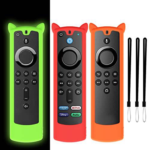TOLUOHU 3 팩 케이스 파이어 스틱 TV 리모컨 3rd 세대 2021 릴리즈, 실리콘 커버 TV 스틱 라이트, 4K 음성 리모컨 Lanyard(Glow 그린+ 레드+ 오렌지)