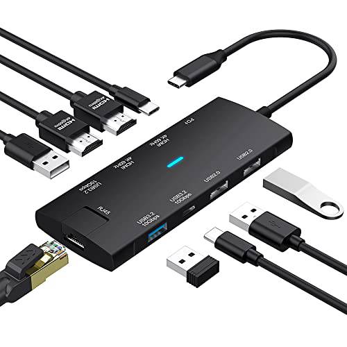AGVEE 듀얼 4K@60HZ HDMI USB-C 허브, 9-in-1 Type-C 어댑터 플립 기가비트 이더넷 RJ45, 2 디스플레이 모니터 출력, 100W PD& USBC 데이터 도크 맥북 노트북, 아이패드 프로 2018 2020, 블랙