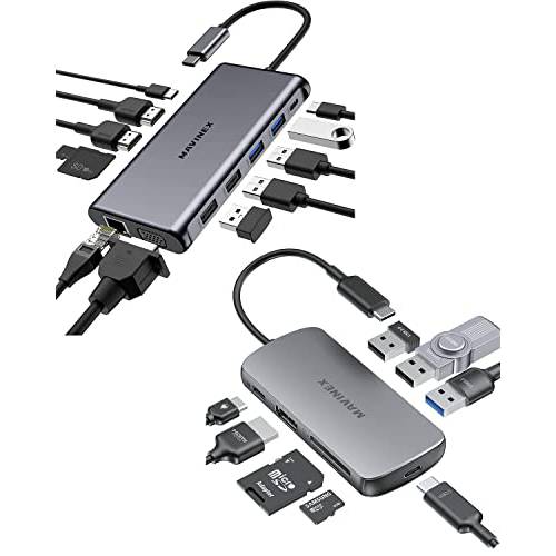 MAVINEX 12 in 1 트리플 디스플레이 USB C 허브 듀얼 4K HDMI& 1080P VGA, 100W 파워 Delivery, 1Gbps 이더넷, USB-C& 4 USB-A 데이터 포트, SD TF 카드 리더, 리더기, 8 in 1