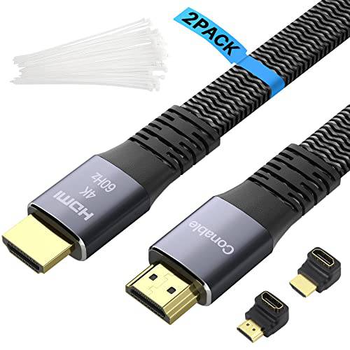 플랫 HDMI 케이블 4 Feet (2 팩), 18Gbps 4K 2.0 고속 Braided 케이블 (2ft to 50ft), 퓨어 구리, 3D 4K@60Hz 2160p 1080p HDR HDCP 2.2 ARC 번들 50 케이블 머리고정 and 2 HDMI 어댑터 - 4 ft